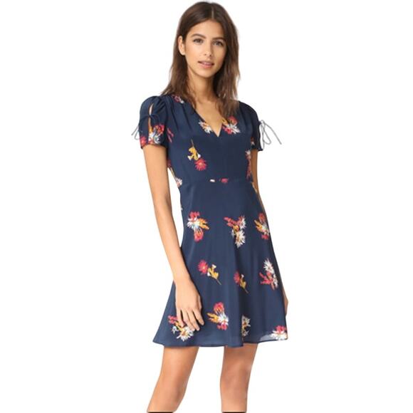 Madewell 100% Silk Navy Blue Floral V-Neck Babydoll Short Sleeve Mini Dress Sz 8 - Picture 1 of 12